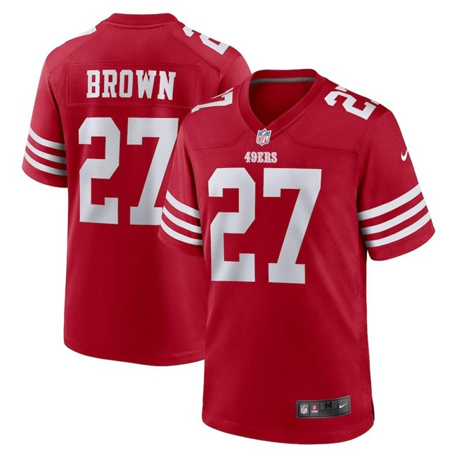 Men's San Francisco 49ers #27 Ji'Ayir Brown Red Stitched Game Jersey Men's San Francisco 49ers #27 Ji'Ayir Brown Red Stitched Game Jersey